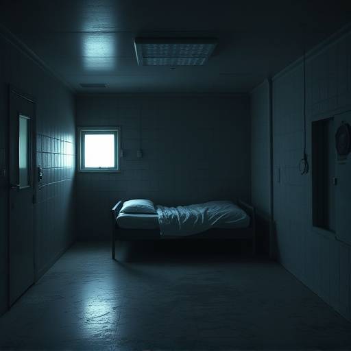 Imagen de una celda de aislamiento con una cama sencilla y sin ventanas